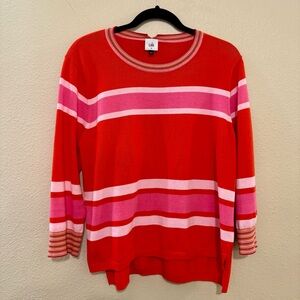 CAbi Vibrant Red and Pink Striped Crew Neck Sweater